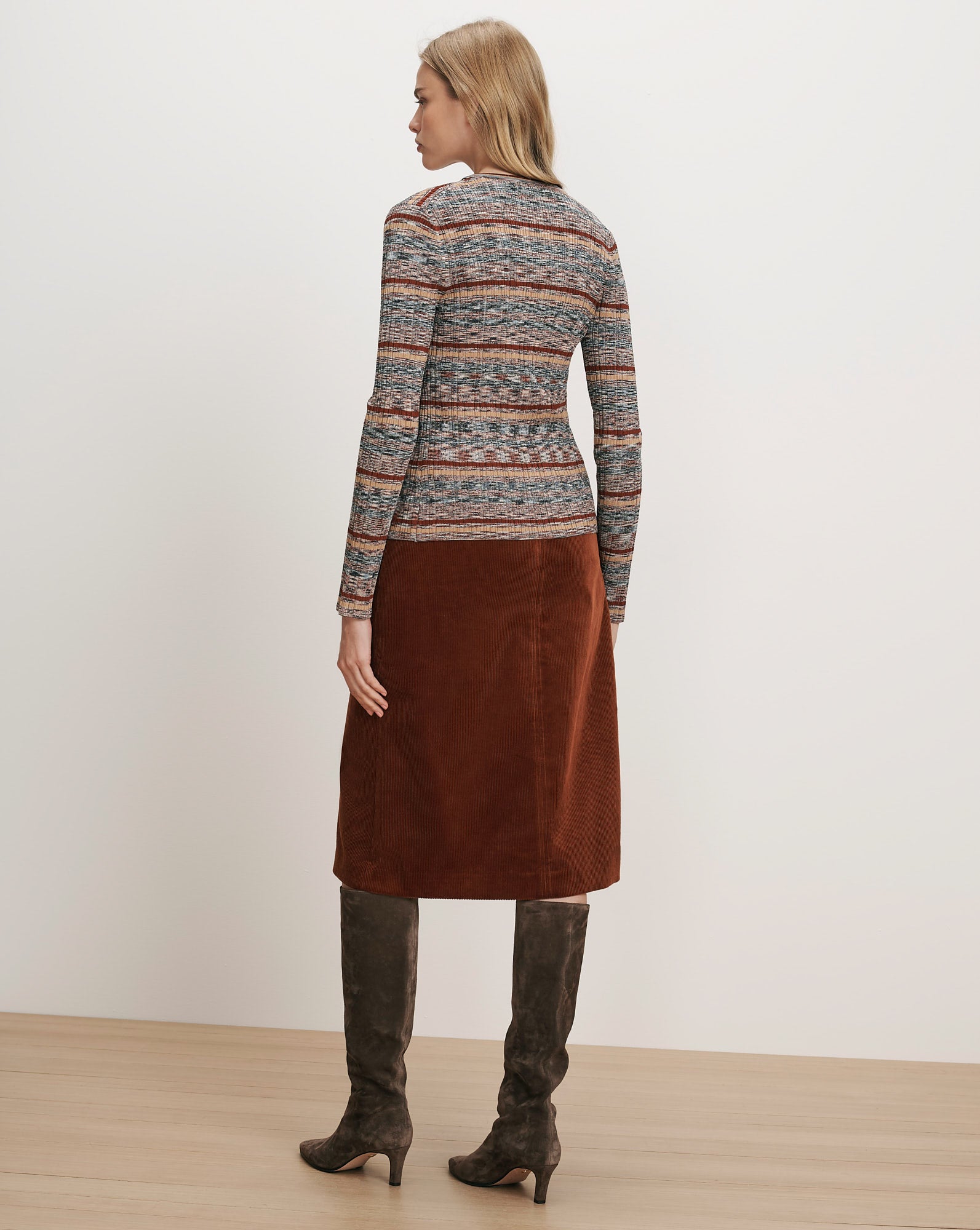 Veronica Beard Striped knit top and brown corduroy skirt.