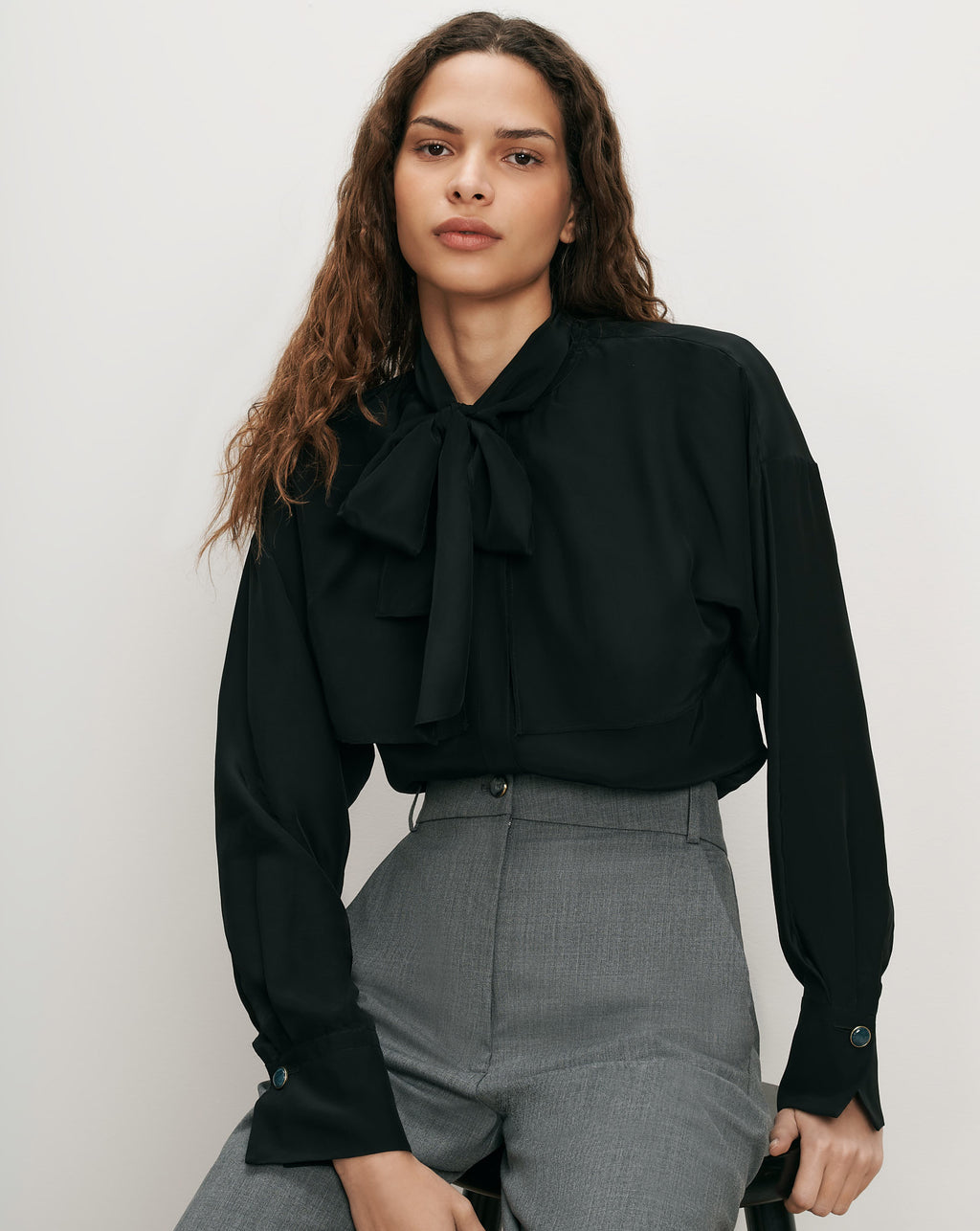 Veronica Beard Black silk pussy-bow blouse with buttoned cuffs