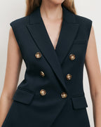 Veronica Beard Navy sleeveless double-breasted blazer dress with gold buttons.