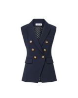 Veronica Beard Navy sleeveless double-breasted blazer with gold buttons.