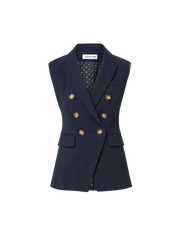Veronica Beard Navy sleeveless double-breasted blazer with gold buttons.