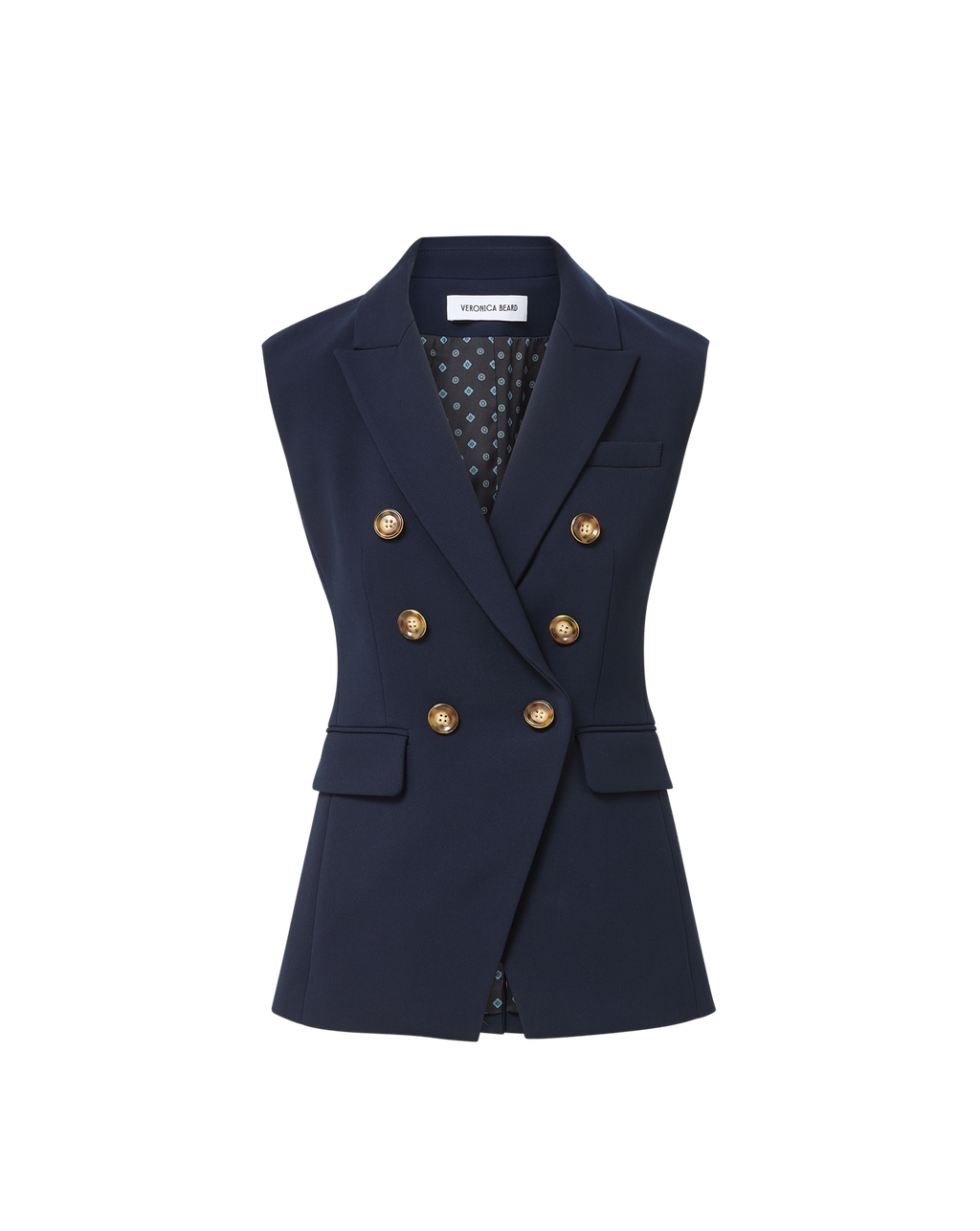 Veronica Beard Navy sleeveless double-breasted blazer with gold buttons.