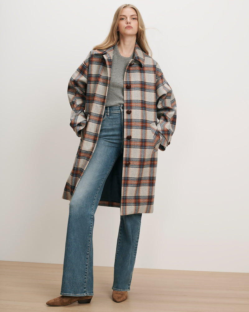 Veronica Beard Plaid wool blend coat, gray sweater, blue jeans.