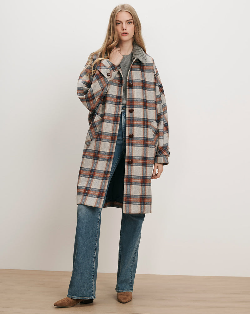 Veronica Beard Plaid wool coat with brown buttons