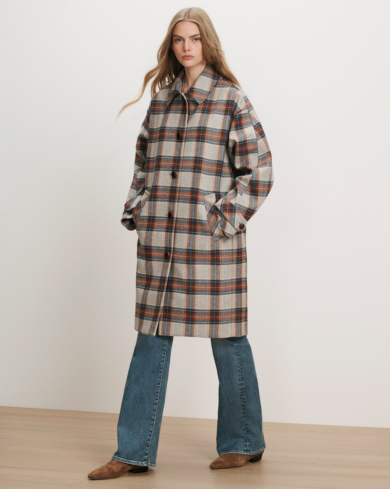 Veronica Beard Plaid wool coat with brown buttons.