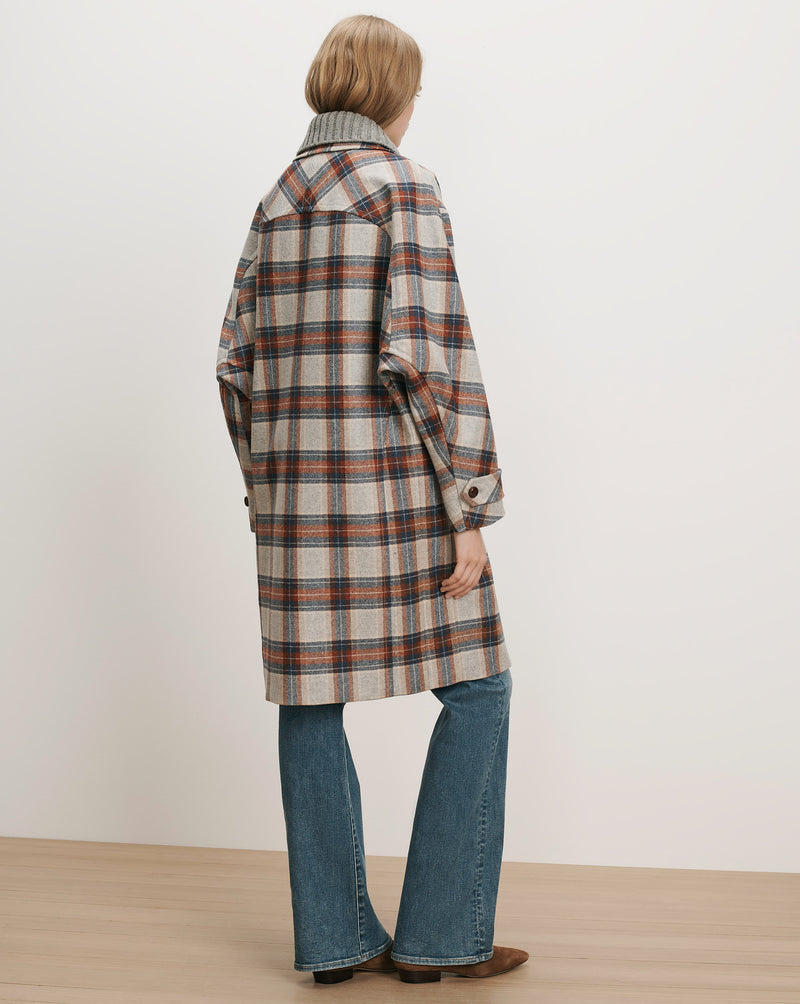 Veronica Beard Plaid wool coat, long, with button cuffs.