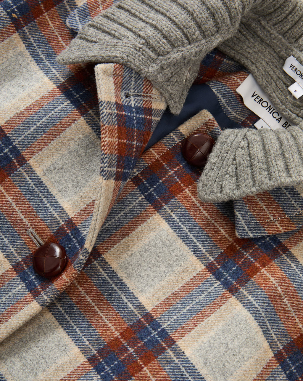 Veronica Beard Plaid wool jacket with ribbed knit collar and cuffs.