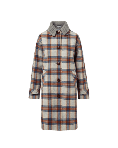 Veronica Beard Plaid wool coat with ribbed collar and button closure.