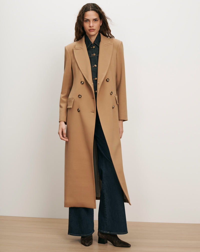 Veronica Beard Camel wool double-breasted coat with gold buttons.