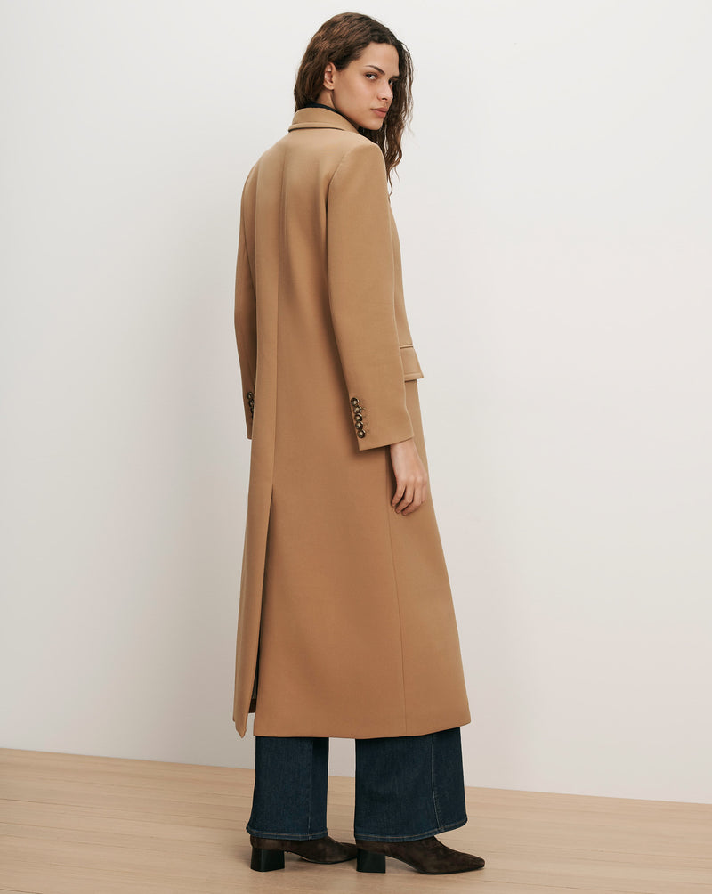 Veronica Beard Camel wool long coat with buttoned cuffs.