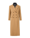 Veronica Beard Camel double-breasted wool coat with gold buttons.