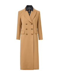 Veronica Beard Camel double-breasted wool coat with gold buttons.