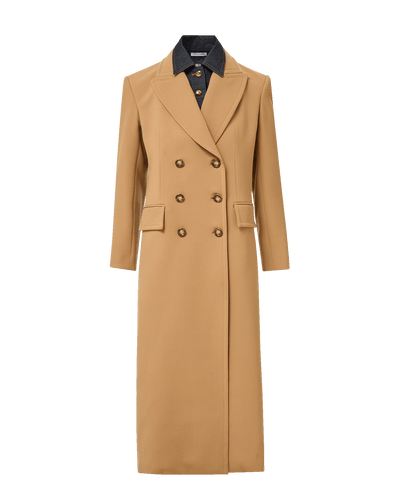 Veronica Beard Camel double-breasted wool coat with gold buttons.