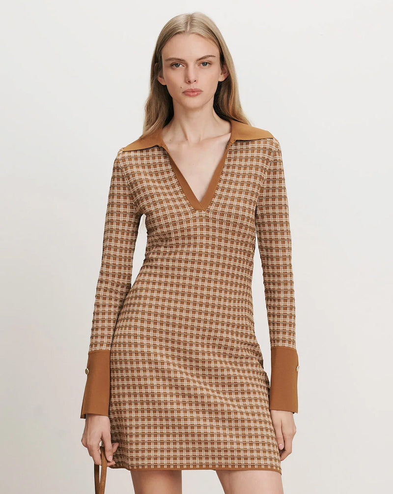 Veronica Beard Brown plaid knit mini dress with collar