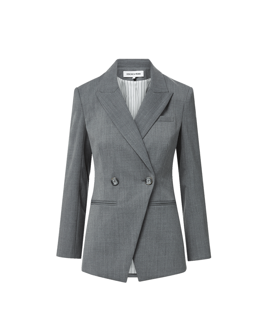 Veronica Beard Gray double-breasted blazer with striped lining.