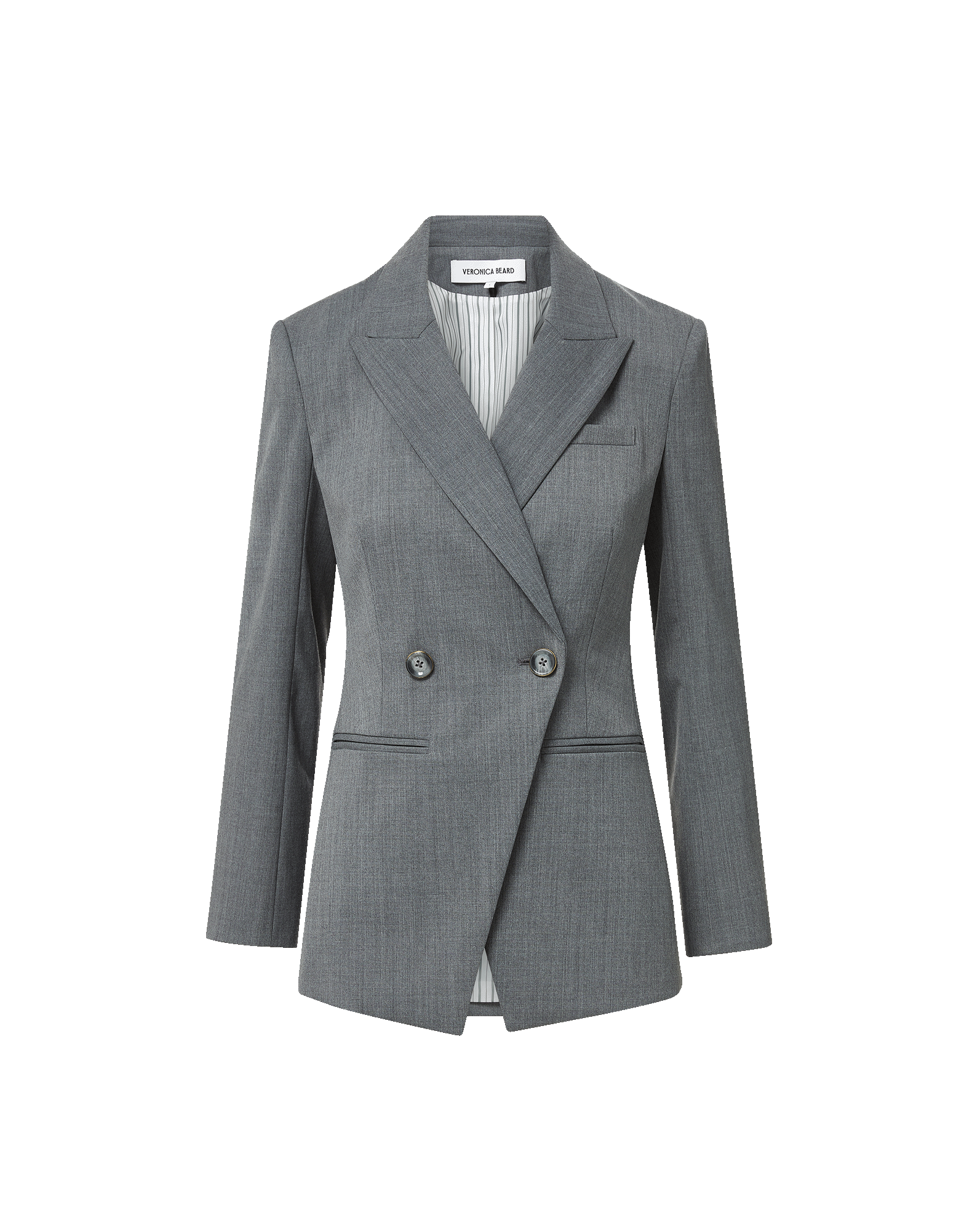 Veronica Beard Gray double-breasted blazer with striped lining.