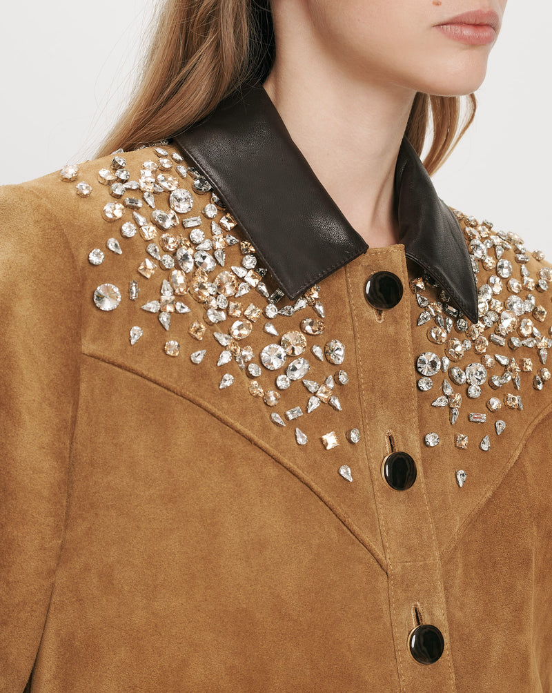 Veronica Beard Brown suede jacket with embellished shoulders and leather collar.