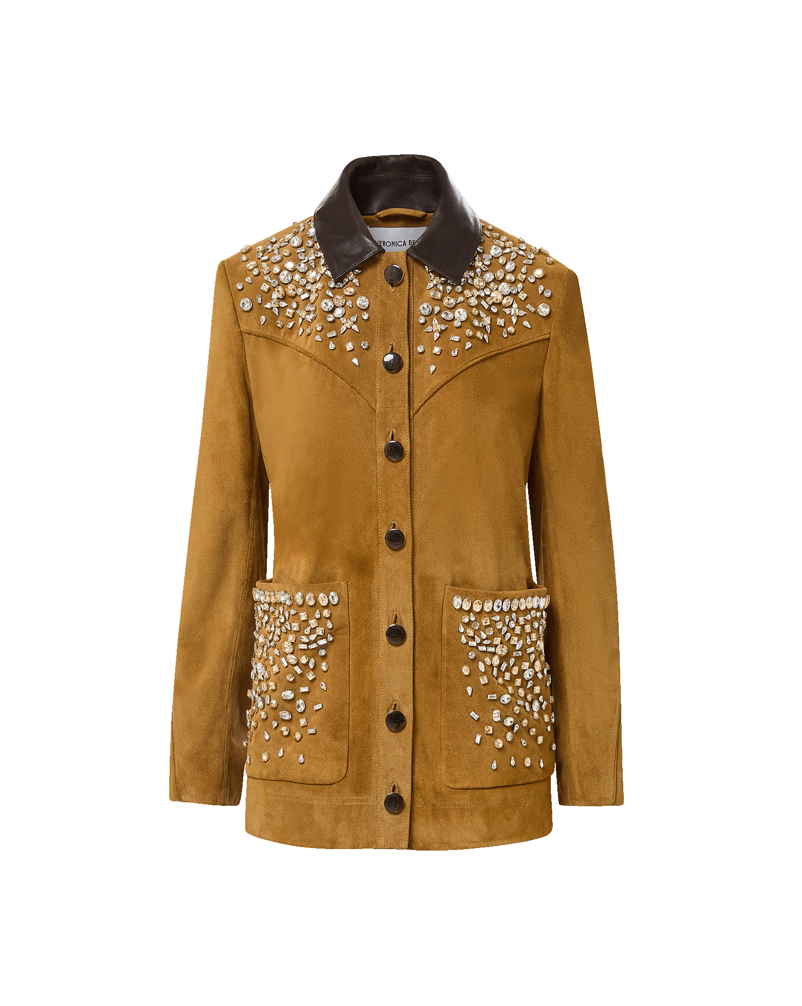 Veronica Beard Brown suede jacket with crystal embellishments and leather collar.
