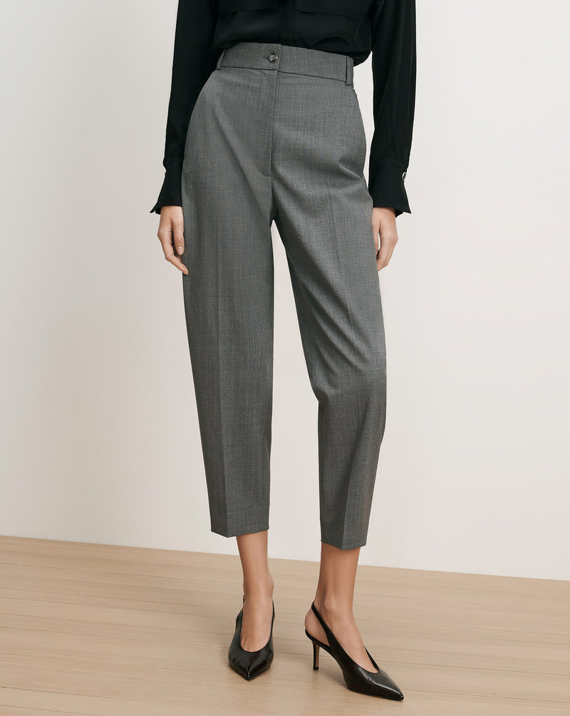 Veronica Beard Gray wool blend tapered trousers with single button closure.