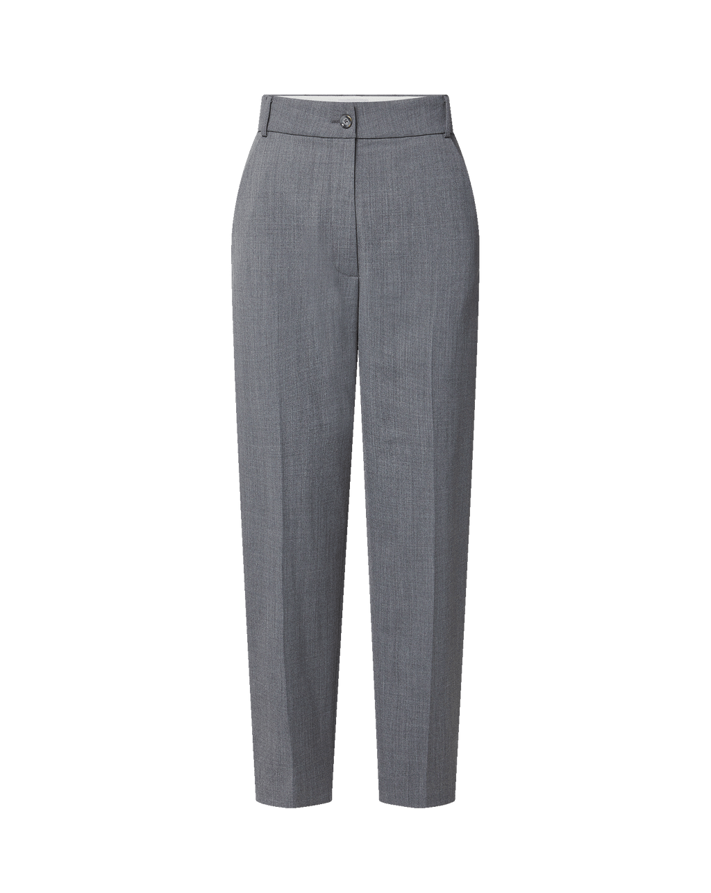 Veronica Beard Gray wool trousers, high-waisted, straight-leg, with single button closure.