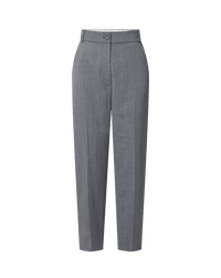 Veronica Beard Gray wool trousers, high-waisted, straight-leg, with single button closure.