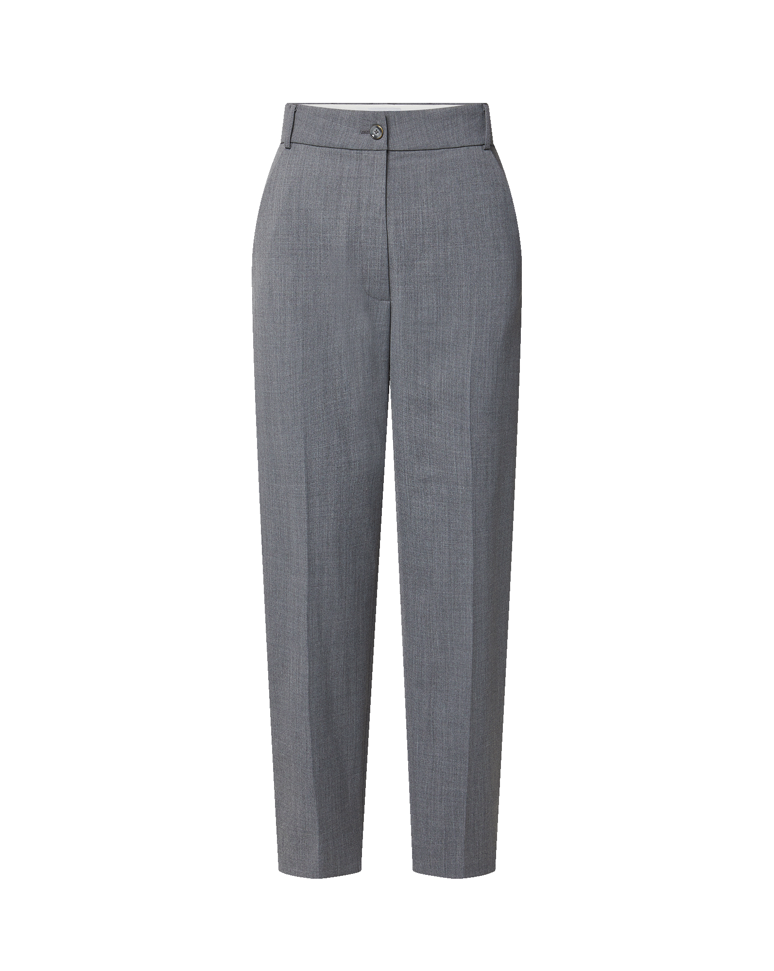 Veronica Beard Gray wool trousers, high-waisted, straight-leg, with single button closure.