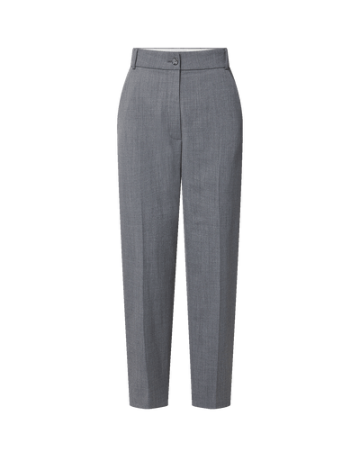 Veronica Beard Gray wool trousers, high-waisted, straight-leg, with single button closure.