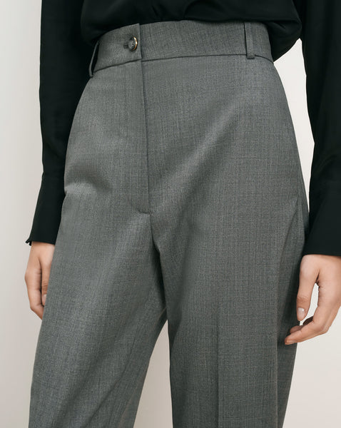 Veronica Beard Gray trousers, high-waisted, straight-leg, with a single button closure.