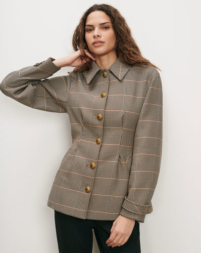 Veronica Beard Brown plaid fitted jacket with gold buttons.