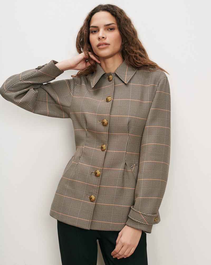 Veronica Beard Brown plaid fitted jacket with gold buttons.