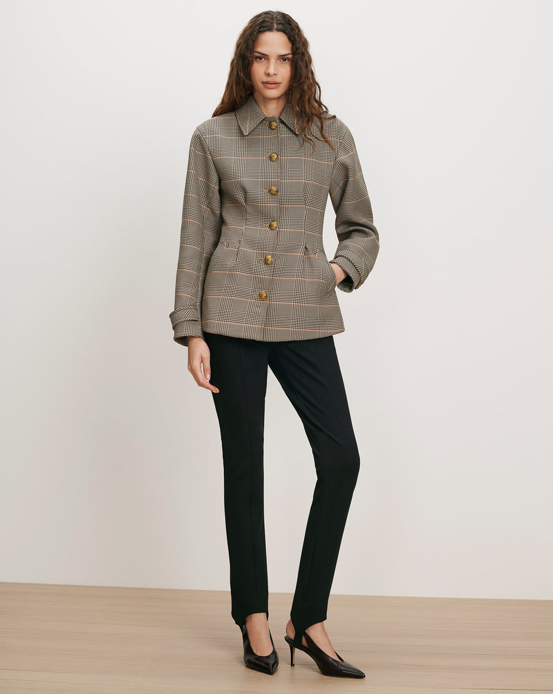 Veronica Beard Brown plaid jacket, black pants, black heels.