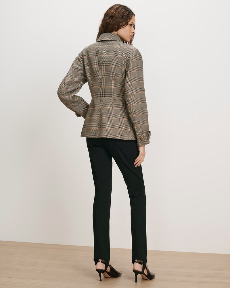 Veronica Beard Brown plaid blazer, black pants, black heels.