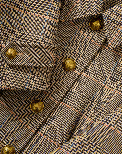 Veronica Beard Brown plaid blazer with gold buttons.