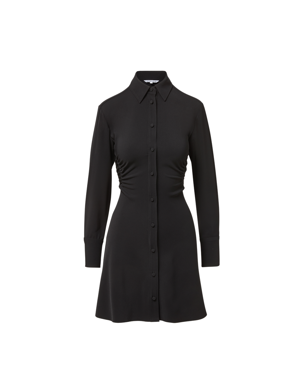 Veronica Beard Black long-sleeve mini shirt dress with ruched sides.