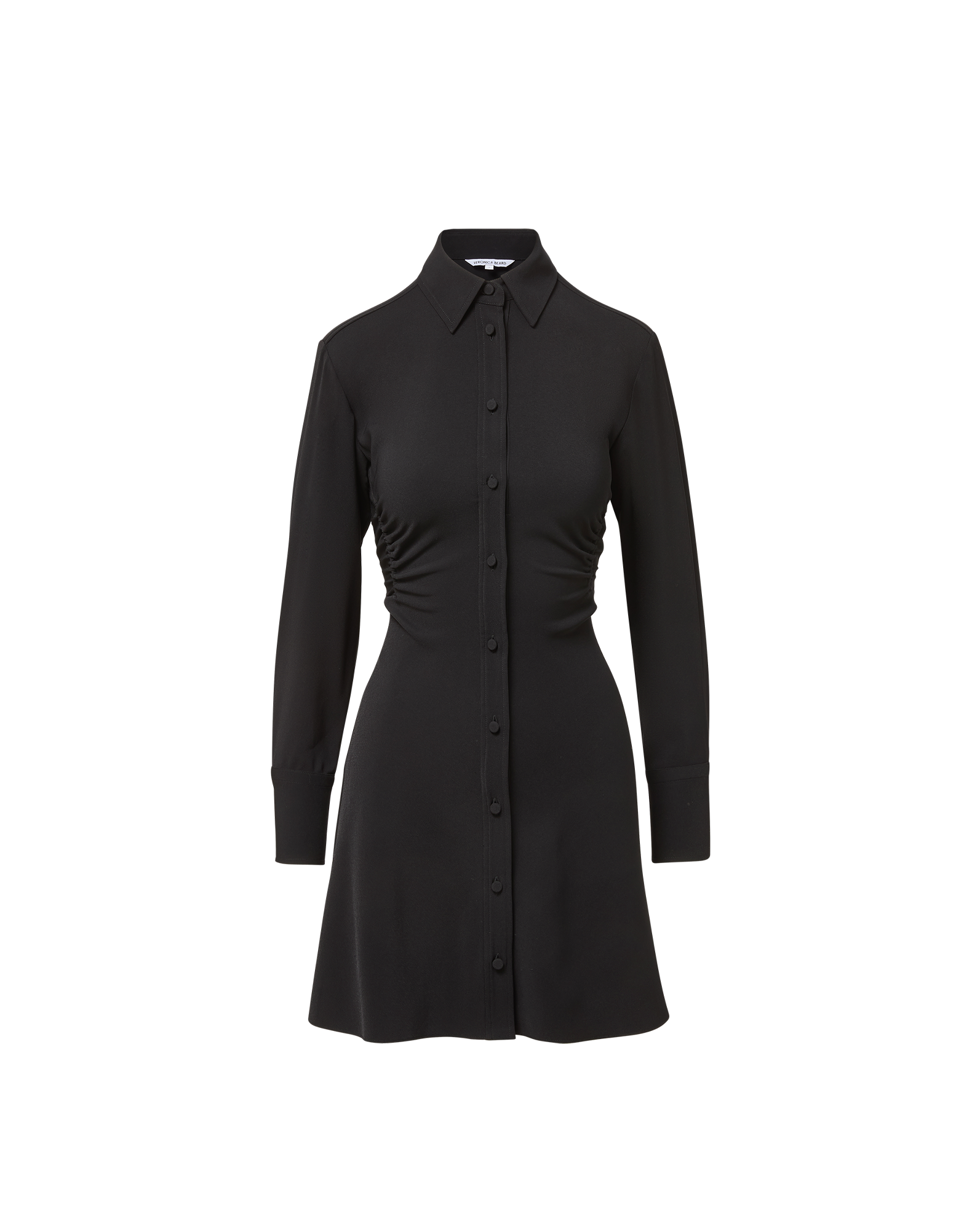 Veronica Beard Black long-sleeve mini shirt dress with ruched sides.