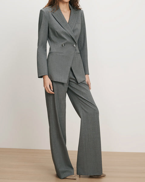 Veronica Beard Gray wool double-breasted blazer and wide-leg trousers.