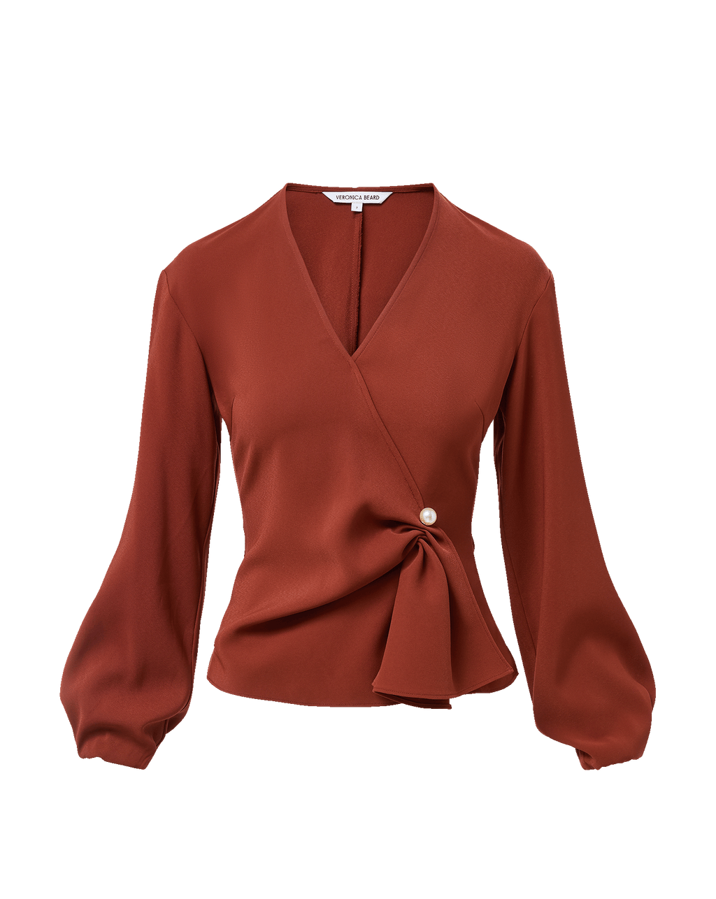 Veronica Beard Rust wrap blouse with pearl button detail.