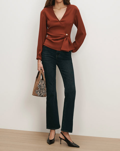 Veronica Beard Rust satin wrap blouse with side tie.