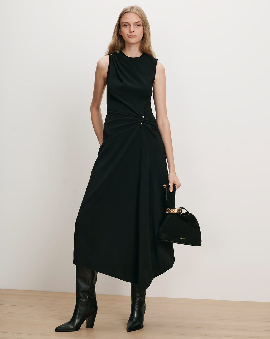 Veronica Beard Black sleeveless midi dress with gold button detail.