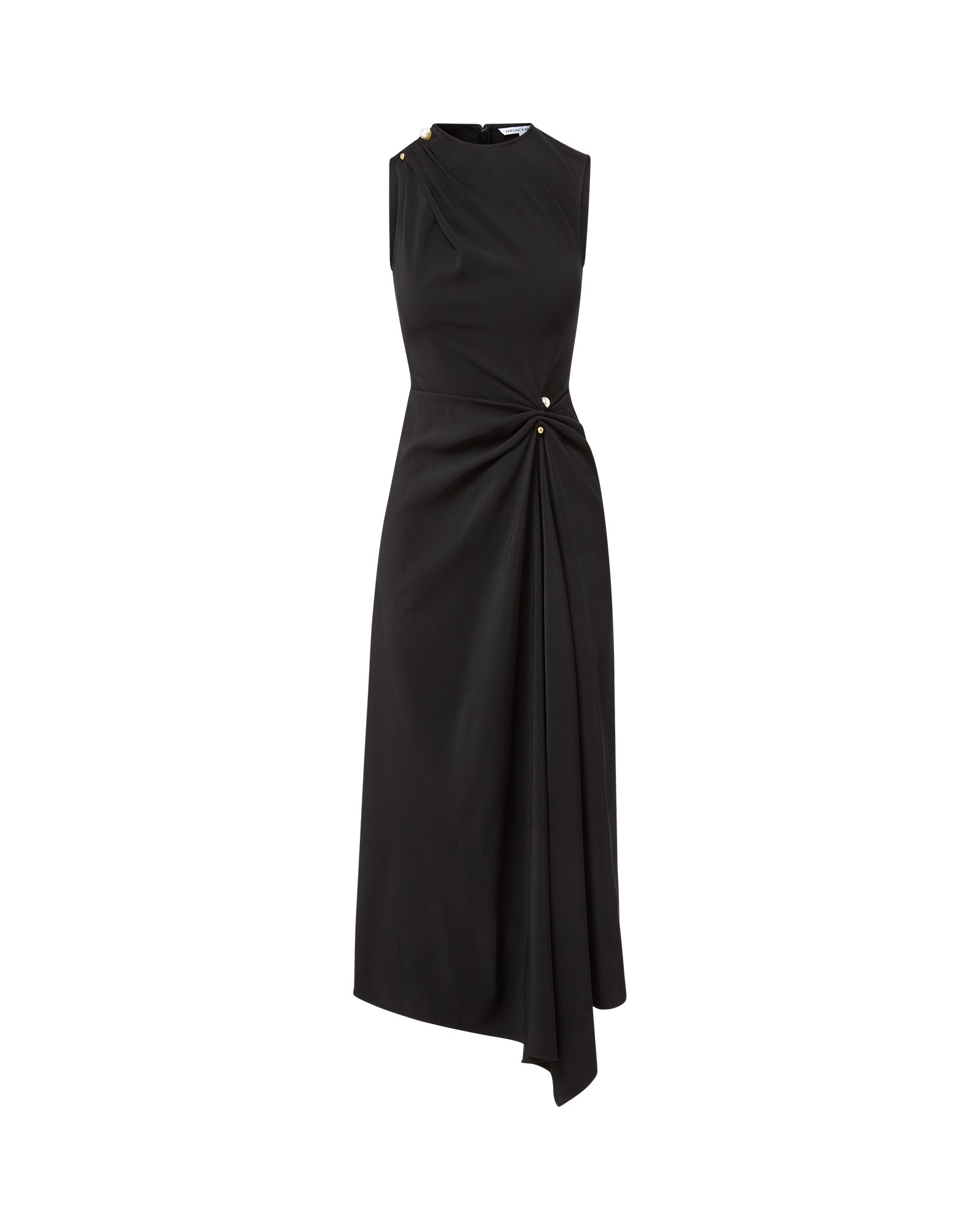 Veronica Beard Black sleeveless midi dress with draped skirt and gold button detail.