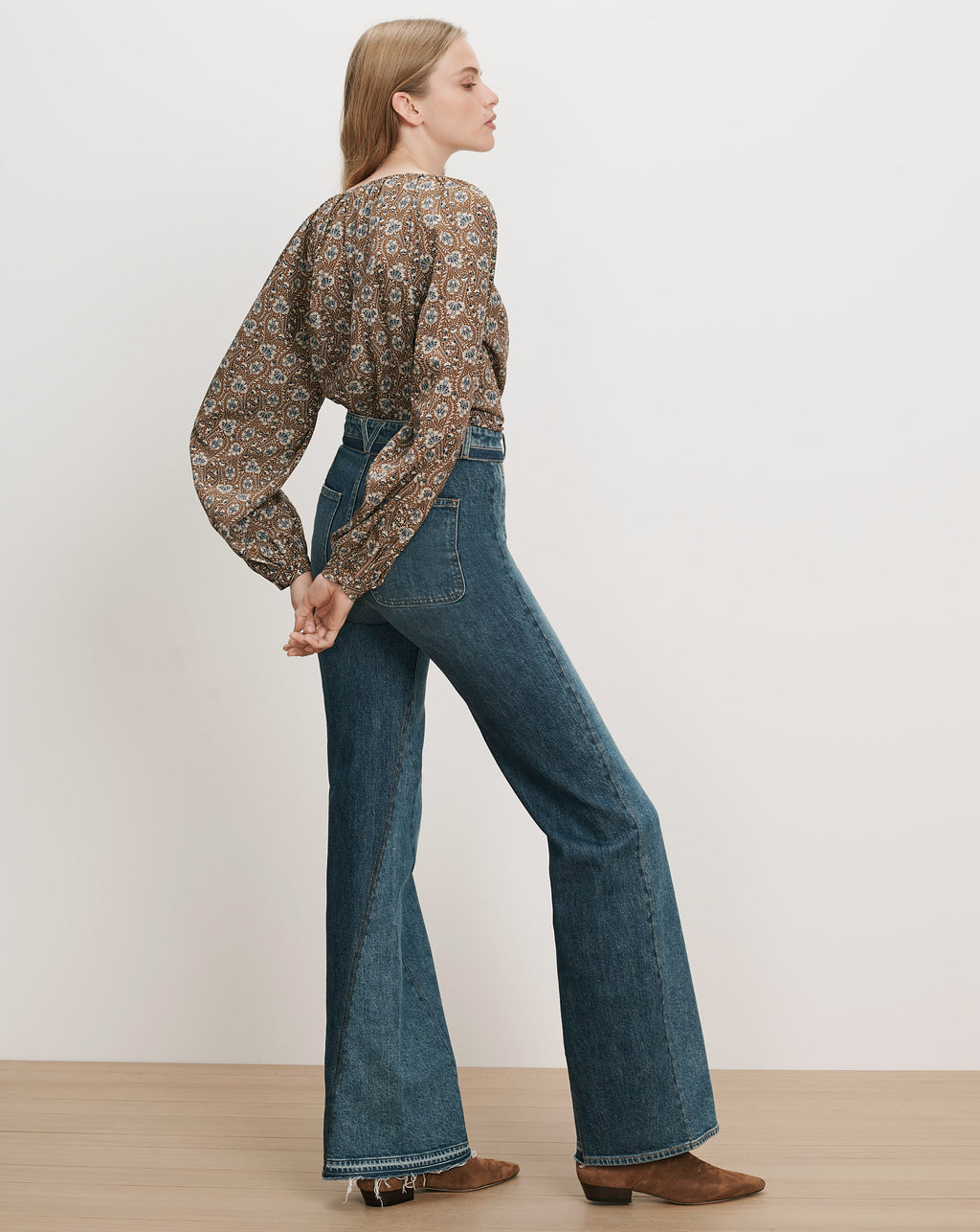 Veronica Beard Brown floral blouse and flared jeans