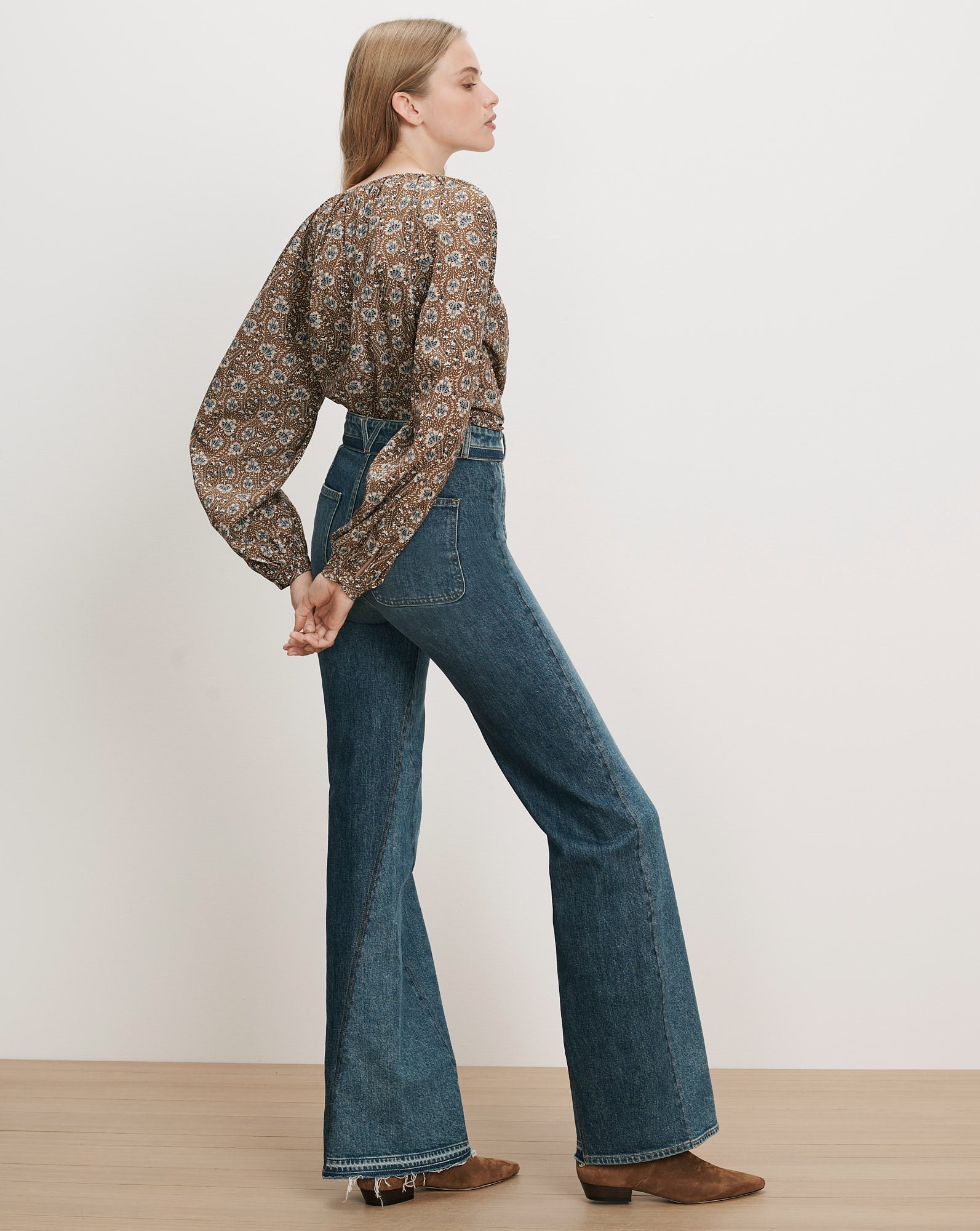 Veronica Beard Brown floral blouse and flared jeans