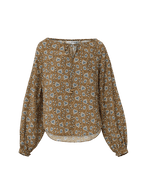 Veronica Beard Brown floral blouse with long sleeves and tie neck.