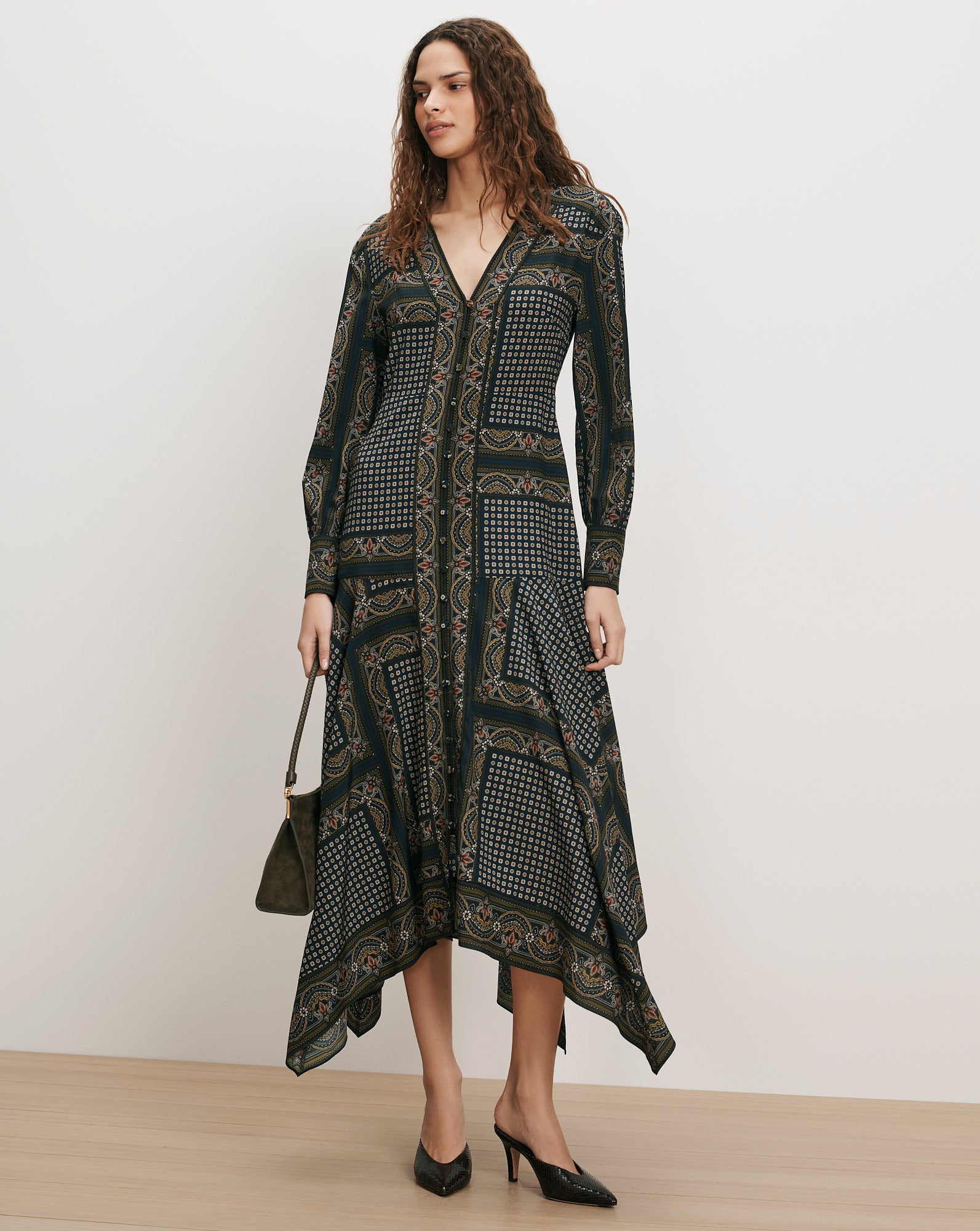 Veronica Beard Dark green paisley print midi dress with handkerchief hem