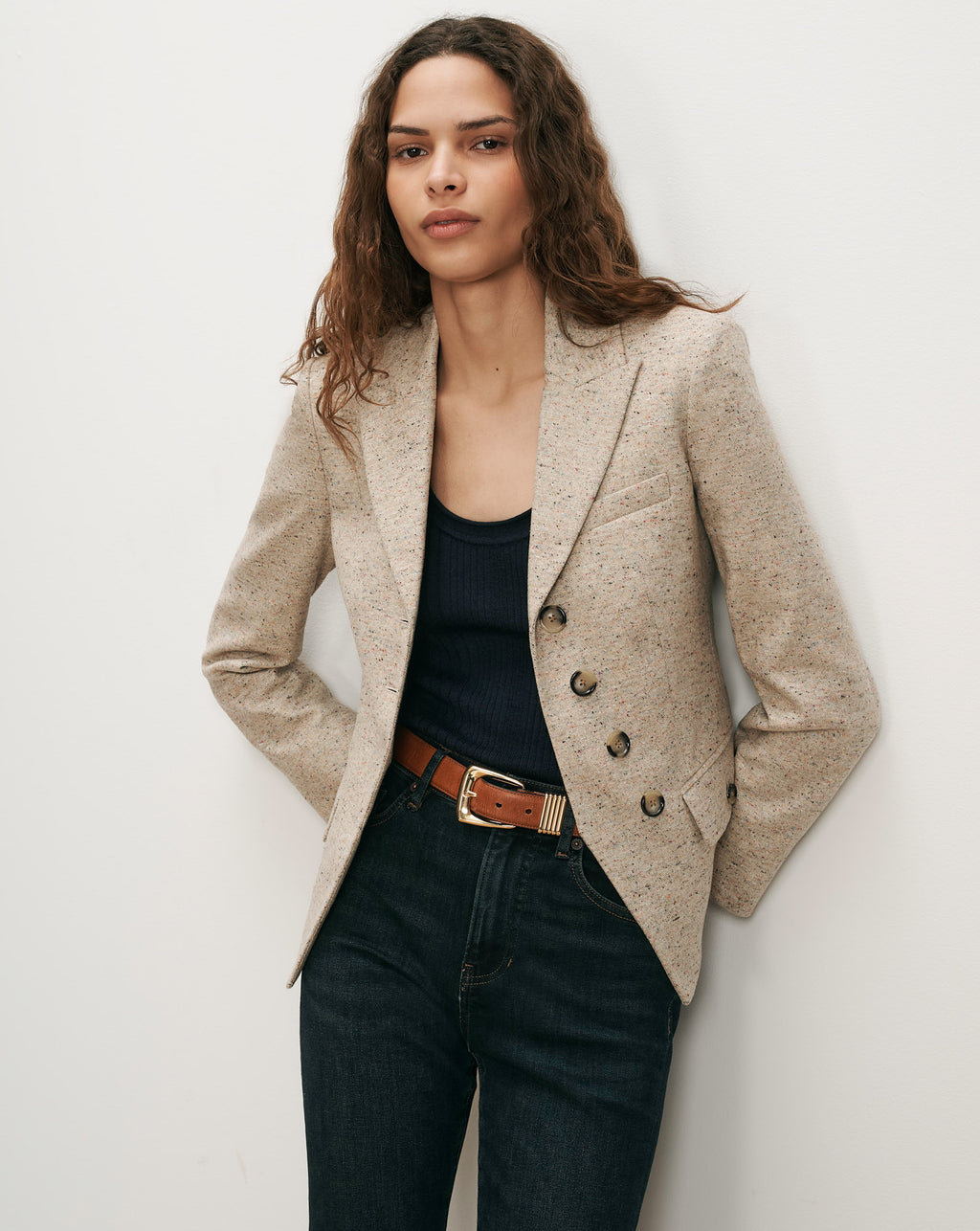 Veronica Beard Beige tweed blazer with double-breasted buttons.