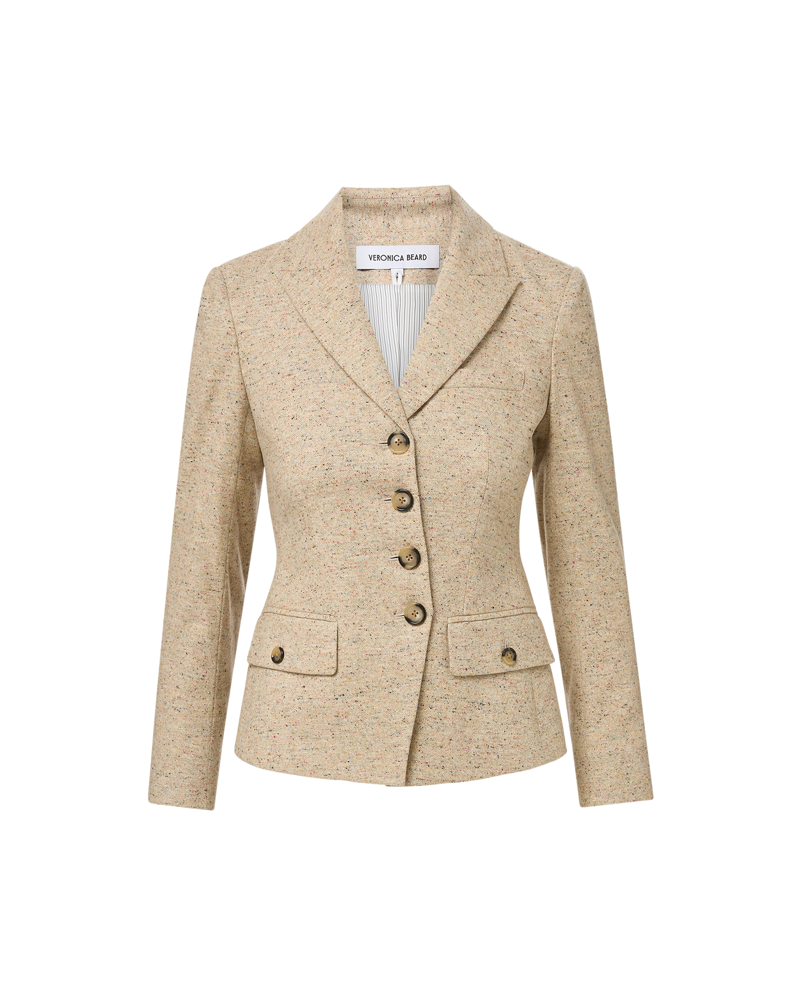 Veronica Beard Beige tweed blazer, fitted silhouette, notched lapels, four buttons.