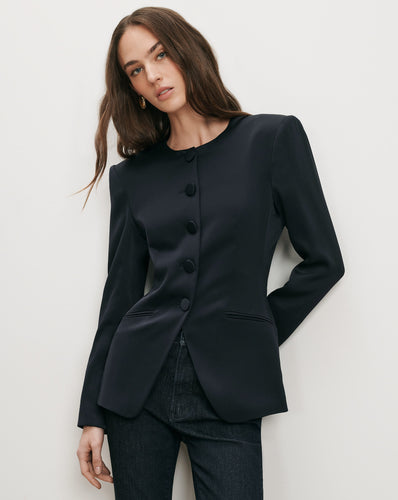 Veronica Beard Black collarless blazer, button-front, long sleeves.