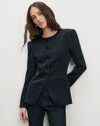 Veronica Beard Black collarless blazer, button-front, long sleeves.