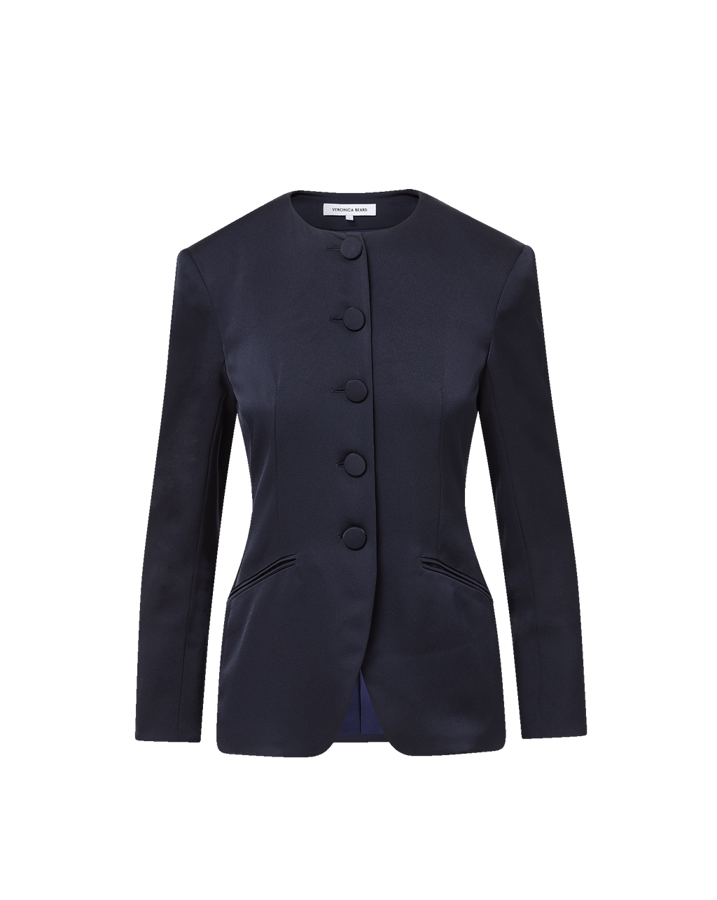 Veronica Beard Navy satin collarless jacket with large buttons