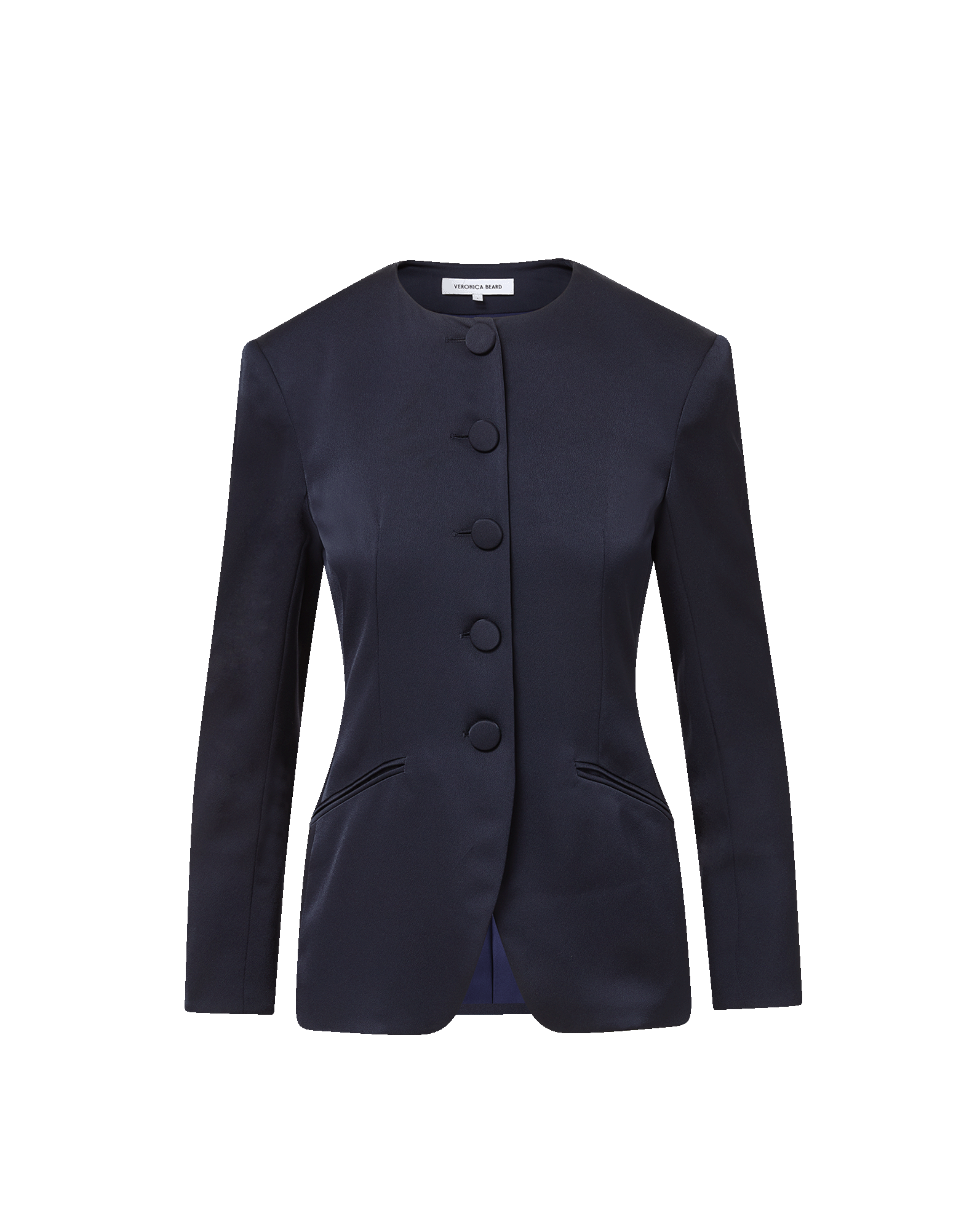 Veronica Beard Navy satin collarless jacket with large buttons